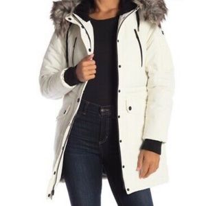 BCBGeneration Faux Fur Trim Puffer Coat Hooded Jacket White Black XS